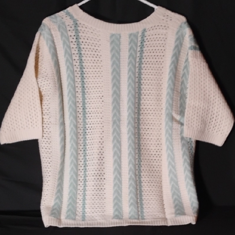 La Miel Coastal Knit Sweater Cream Blue Striped Oversized Lightweight Short Slee - Picture 2 of 8